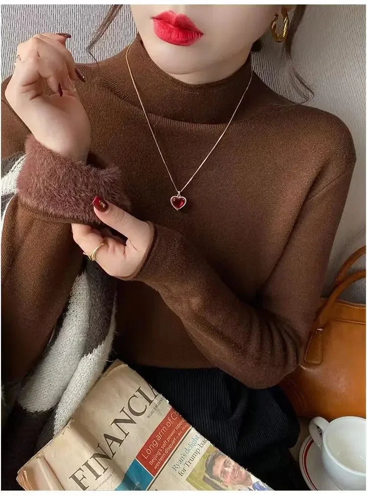 2025 Sweater For Women Casual Thick Warm Knit Plush Velvet Lined Pullover Tops Fall Winter Soft Knitwear Jumper New Slim Poleras