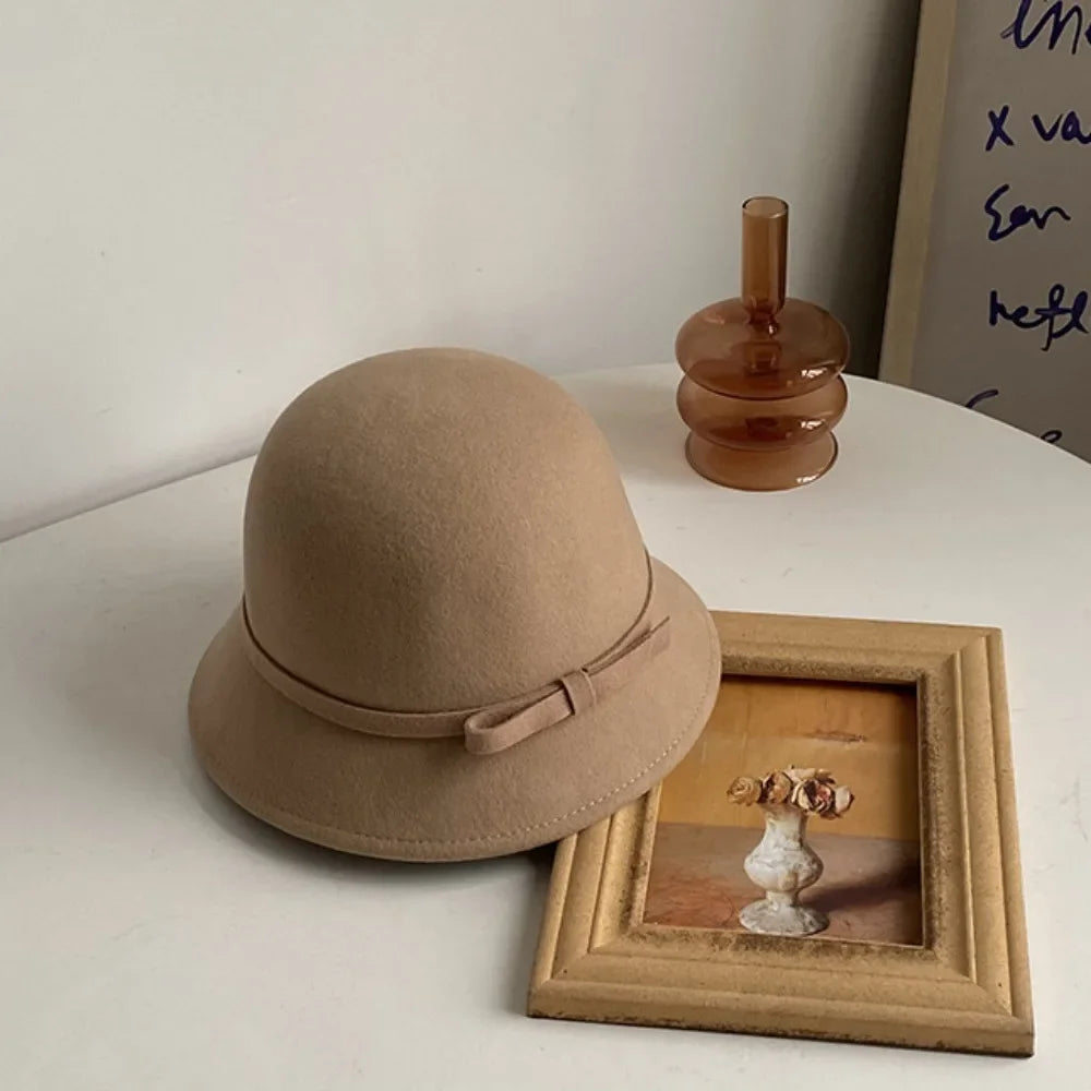 Women's Retro Hepburnesque Felt Hat - British Heiress Style with Bowknot, Formal Panama Cap for Autumn