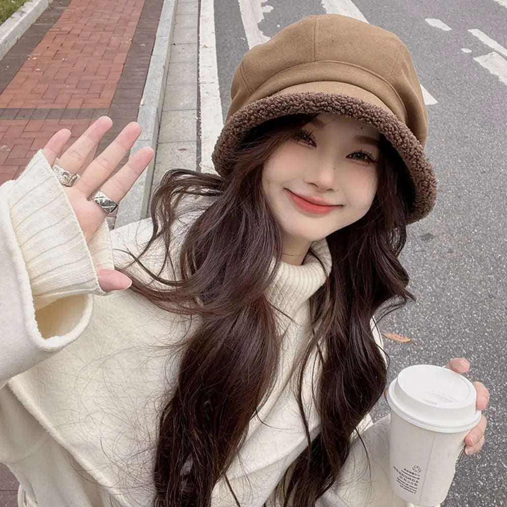 Winter Hats for Women Suede Bucket Hat Plus Velvet Lamb Hair Caps Outdoor Warm Thick Beret Wide Brim Windproof Cap Thick Hats