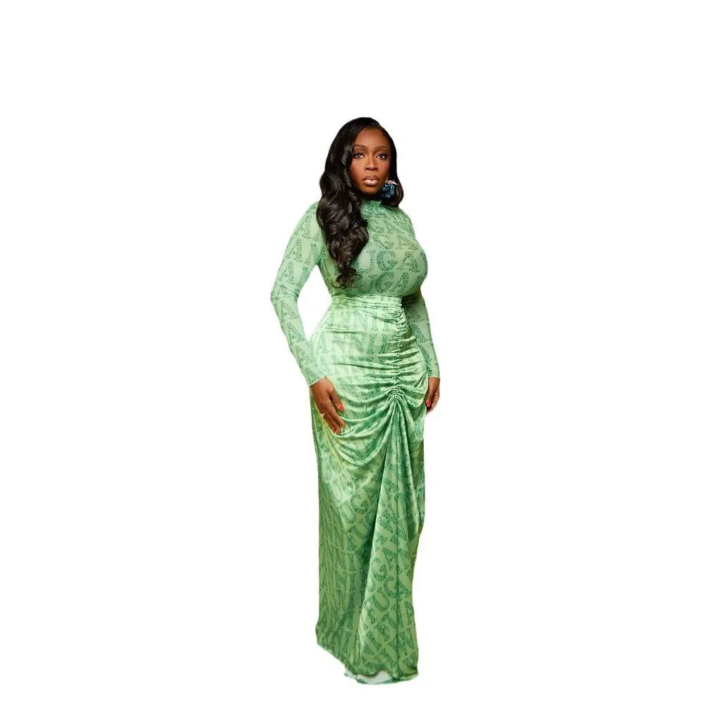 Two Piece Sets Women Skirt Set Print Matching Sets Slim Dress Sets Bodycon Top Floor Length Skirts Casual Pleated Elegant Spring