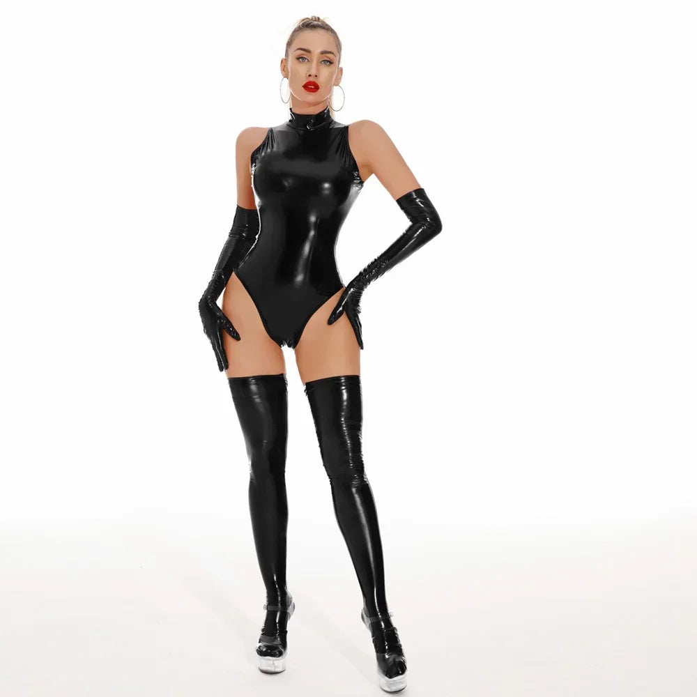 Sexy Women Wetlook High Cut Bodysuit Cosplay Shiny Maid Tight PU Faux Leather Elastic Club Dance Leotard Sexy Lingerie Costume