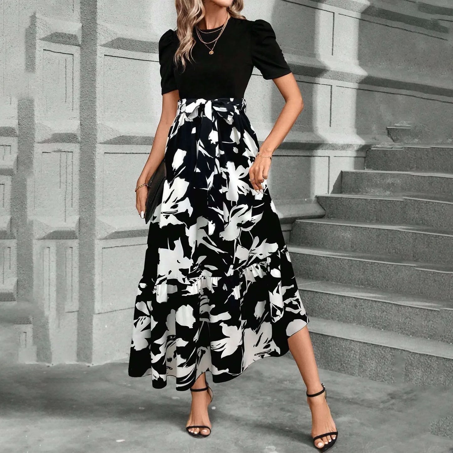 Elegant Women'S Dresses Floral Print High Waist Long Dresses Y2k Short Sleeved Round Neck Office Clothing Vestidos Para Mujer
