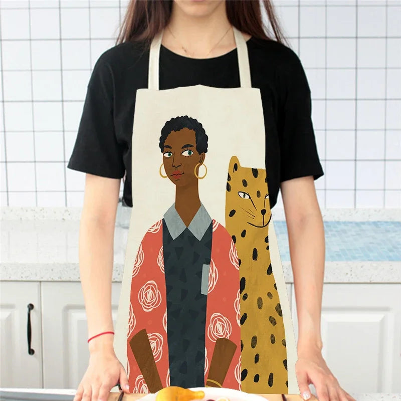 Kitchen Apron Modern Girl Plants Pattern Linen Aprons for Women Men Household Cleaning Apron Cooking Baking Accessories