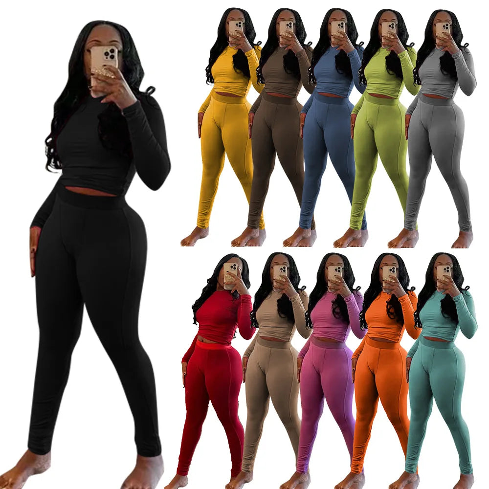 Elastic Yoga Outfits Lounge Sets for Women Autumn 2 Piece Set Ladies Activewear Basic Ribbed Long Sleeve Casual Jogging Suit