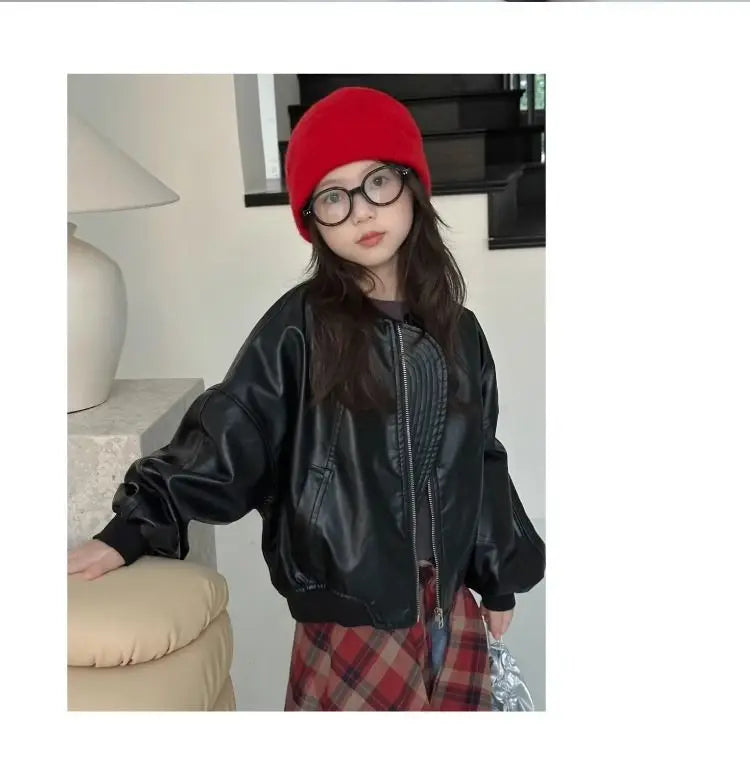 Girls' outerwear Spring and Autumn 2025 New Fashionable Outerwear Short Leather Jacket Autumn Clothing for Children