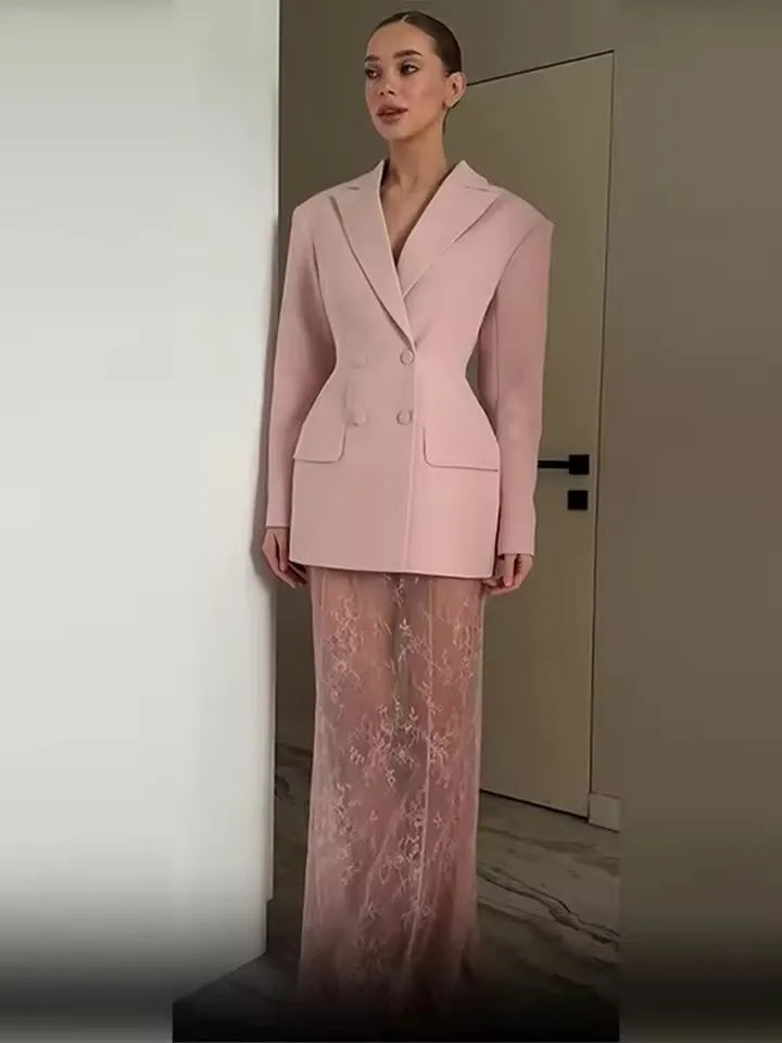 2025 Elegant Blazer Skirt Sets Women Two Piece Double Breasted Jacket Lace See Through Trousers Suits New Party Gown Set