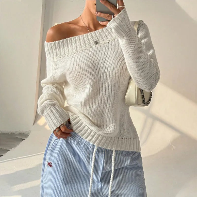Sweater  Autumn/Winter White Simple One Word Collar Hoodie With Oblique Shoulder Out Long Sleeve Women's Knitted Casual Women