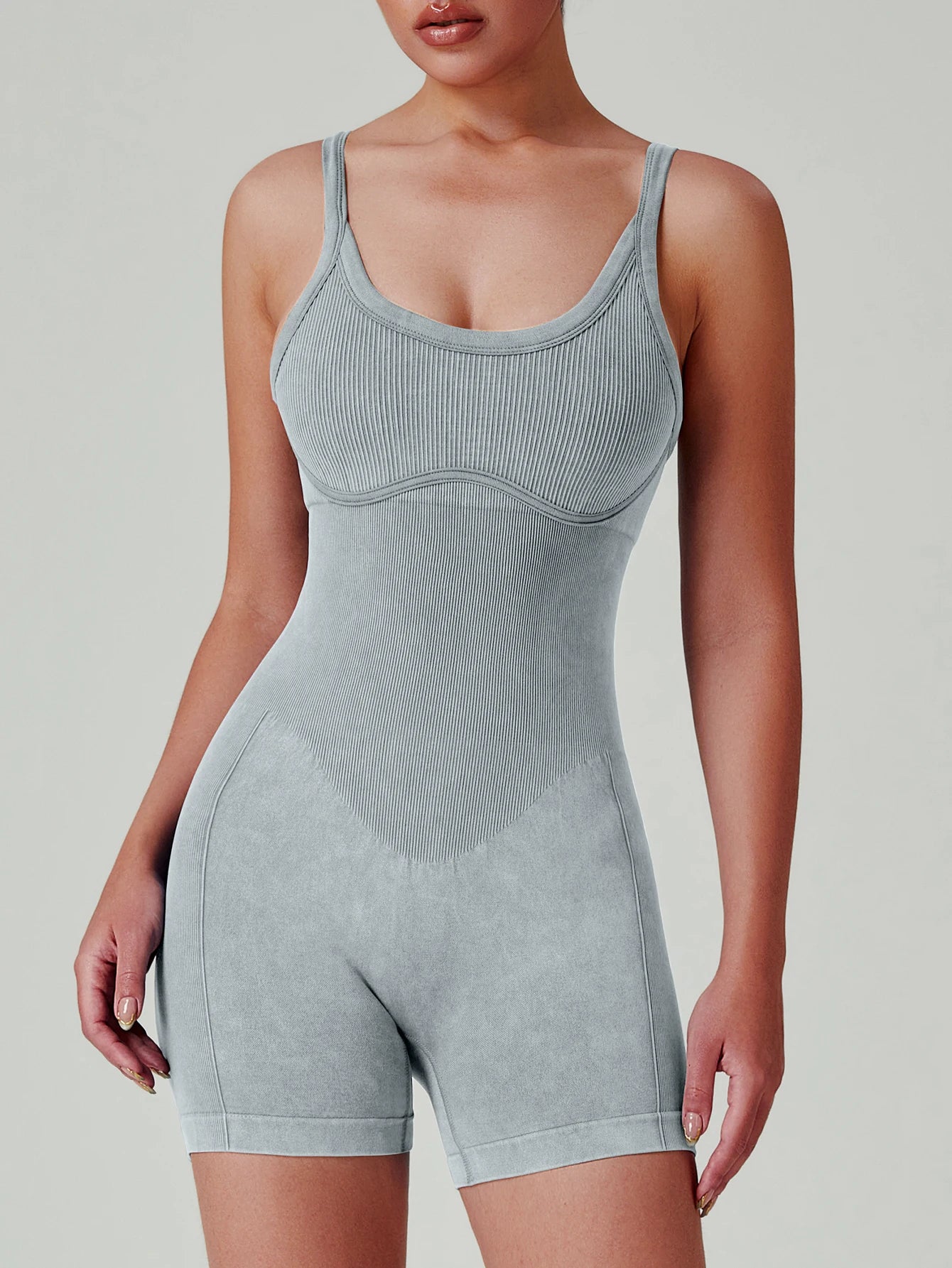 Women's Washed Yoga Bodysuit High Waisted Seamless 4-Way Stretch Workout Activewear Breathable Quick-Dry Lounge Jumpsuit
