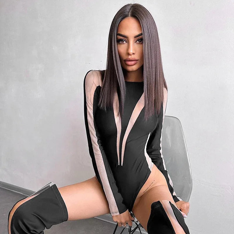 See Through Sexy Bodysuit Lingerie Long Sleeve Lenceria Tranparente One-Pieces Body Feminino Skinny Corset Top Women Rave Outfit
