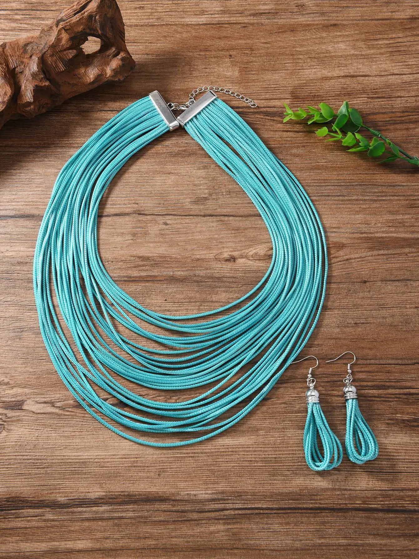 Jewelry Sets for Women, Multi-layer Wax Thread Hand-woven Necklace, Fashion and Personality Choker + Dangle Earrings