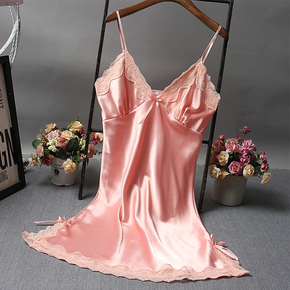 Women Sexy Nightdress Lace Satin Soft Silky Glossy Lingerie Summer Comfort Thin Sleepwear Ladies Breathable Sling Sleepshirts