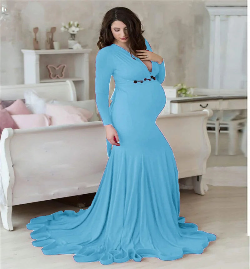2024 Elegant Maternity Dresses For Photo Shoot Pregnant Women Dress Long Sleeve V-Neck Pregnancy Photography Shower Dress