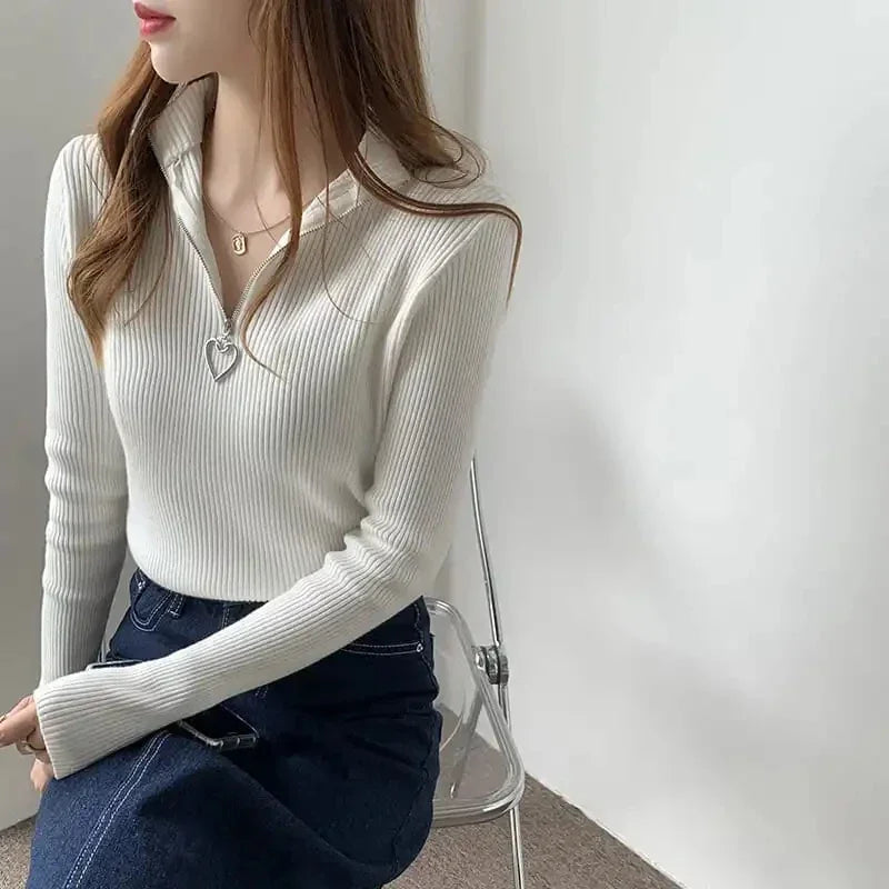 Sweater Women's Autumn and Winter New Semi-turtleneck Love Zipper Core-spun Yarn Bottomed Knitted Sweater Thermal Top