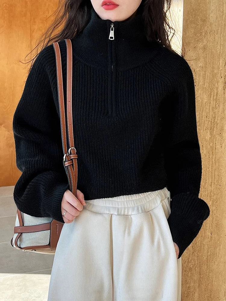 Sweater Pullover Women Autumn Winter 2025 New Zipper Underlay Loose Short Style Popular Premium Sweater Female Tops
