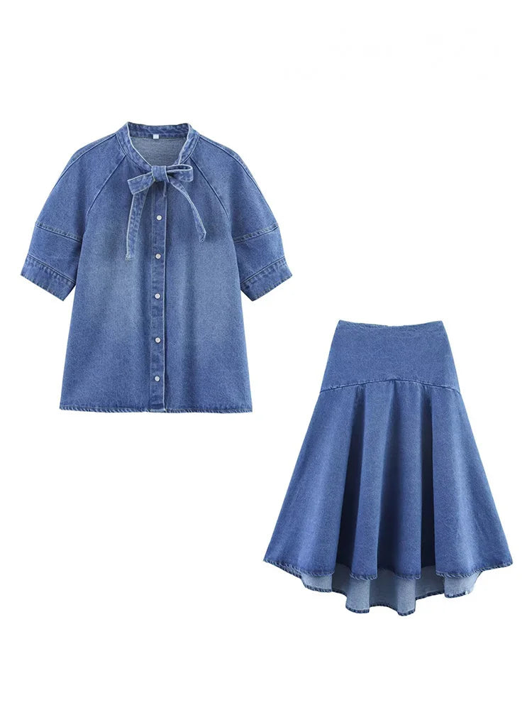 HH Women Casual Suits Bow Decoration Single-breasted Shirt+Zipper Pleated Elastic Waist Midi Skirt Denim Solid Skirt Sets