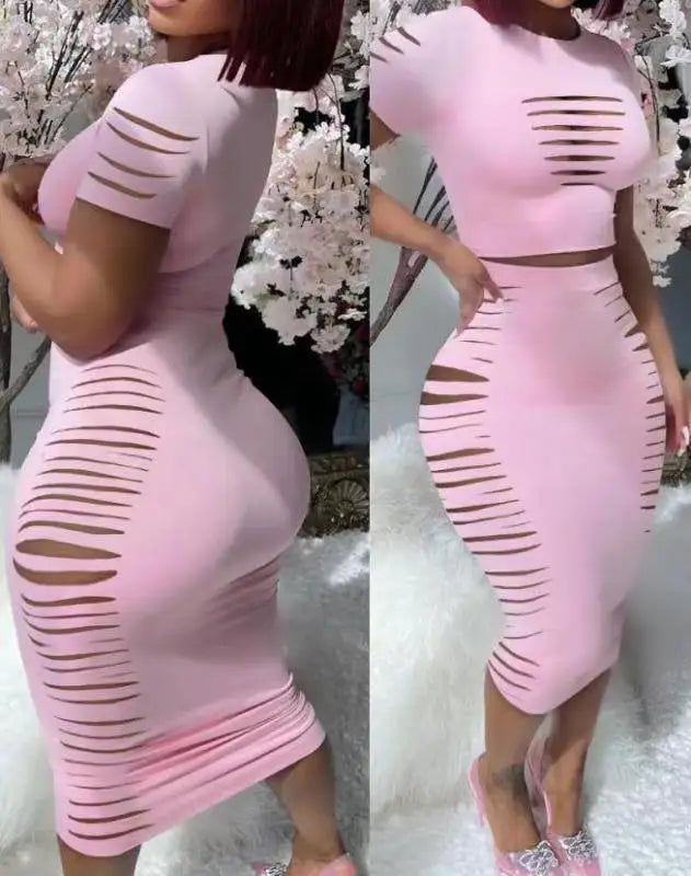 Womens Two Piece Sets Elegant Sexy Outfit Short Sleeve Top & High Waist Skirt Set New Fashion Summer Casual Female Suit
