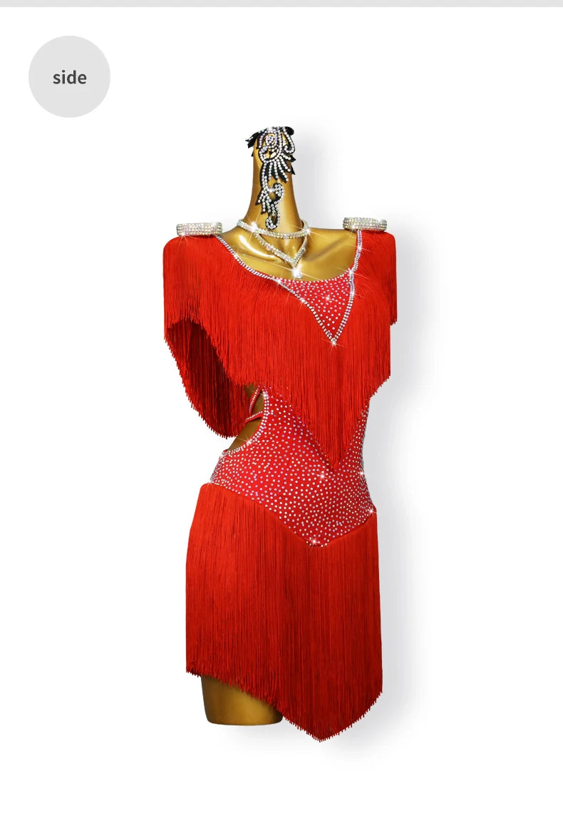 Red Latin Dance Fringed Dresses Sexy Womens Competition Costume Adult Female Party Clothes Cabaret Practice Wear Girl Stage Suit