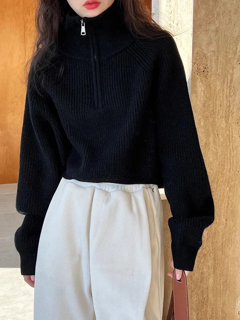 Sweater Pullover Women Autumn Winter 2025 New Zipper Underlay Loose Short Style Popular Premium Sweater Female Tops