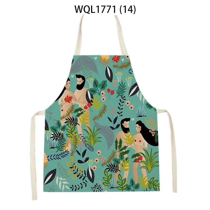Kitchen Apron Modern Girl Plants Pattern Linen Aprons for Women Men Household Cleaning Apron Cooking Baking Accessories