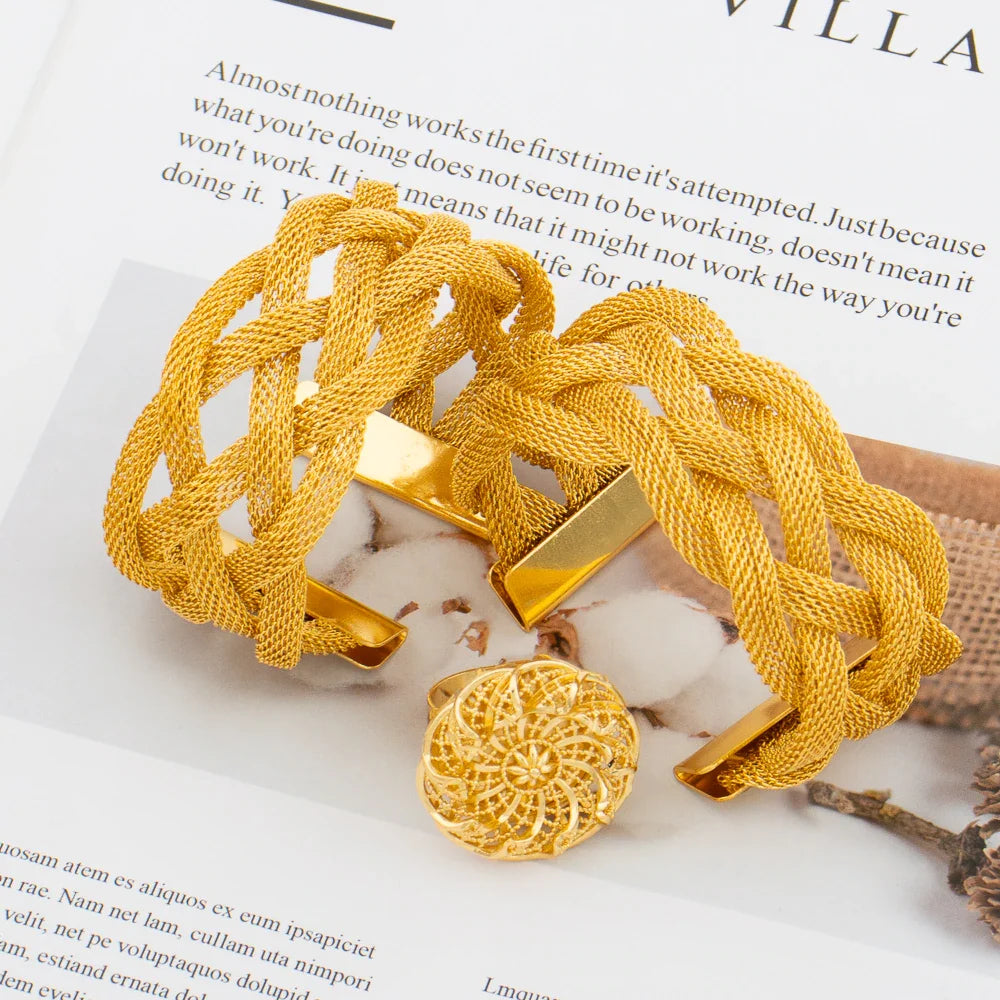 Fashion Jewelry Set for Women Gold Color Knot Design Cuff Bangle New Design Beads Bracelet Weddings Bridal Jewelry Accessories