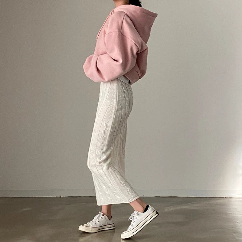 Solid Knitted Skirts For Women 2023 Fashion Autumn Winter Slim Long Skirt Vintage Casual Elastic High Waisted Straight Skirt New