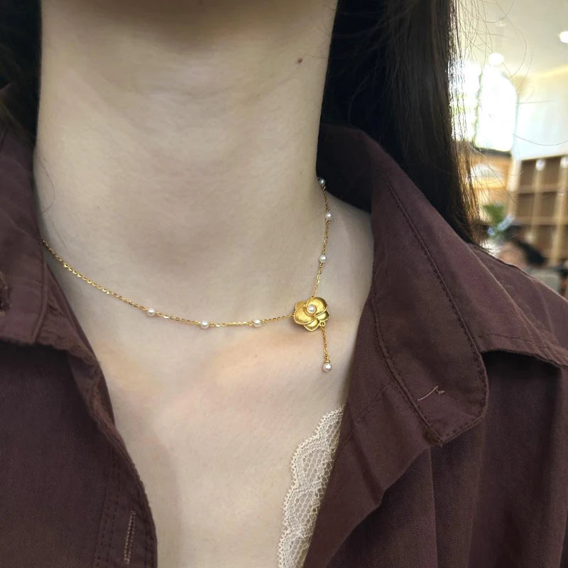 Rich and exquisite velvet gardenia pearl necklace antique gold craftsm brushed pearl collar chain tassel wedding jewelry