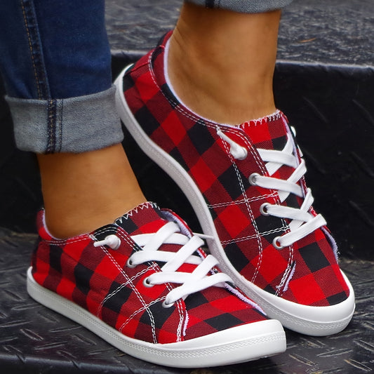 Women's Christmas New Red And Black Plaid Flat-soled Outdoor Skateboard Shoes, Lightweight Non-slip Comfortable Soft-soled Fashion Plaid Women's Shoes