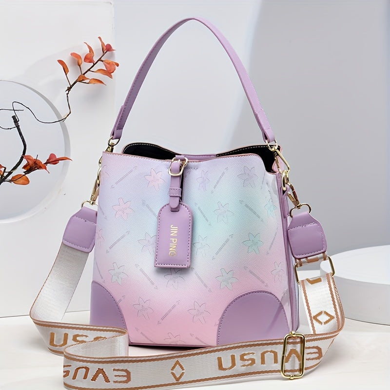 Trendy Ombre Bucket Bag, Letter Print Handbag, Fashion Buckle Decor Handbags, Women'S Every Day Purses