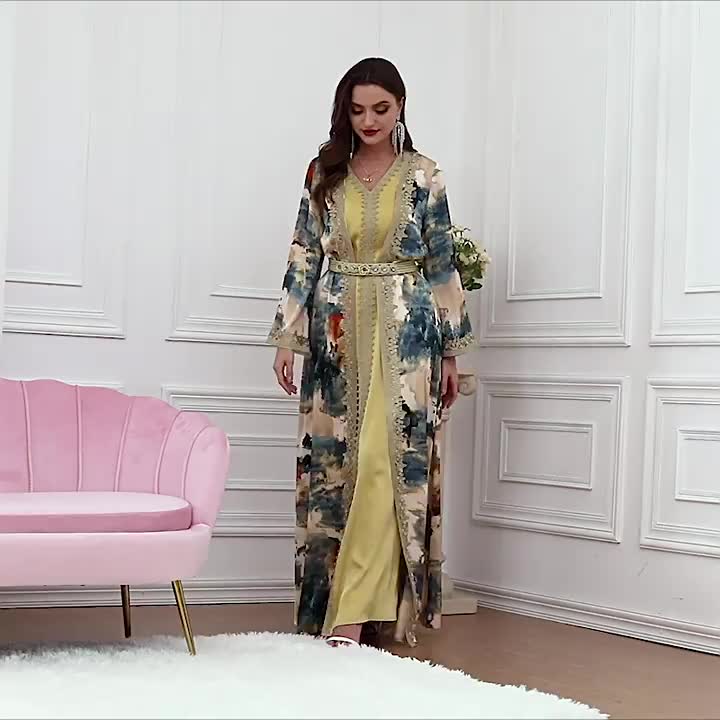 Turkish Kafan Women's Two-Piece Dress Set with V-Neck Satin Painting Kimono for Morocco Dubai Eid Fashion Dress to Show Slimming Temperament for Malaysia Indonesia Pakistan Party Long Robe