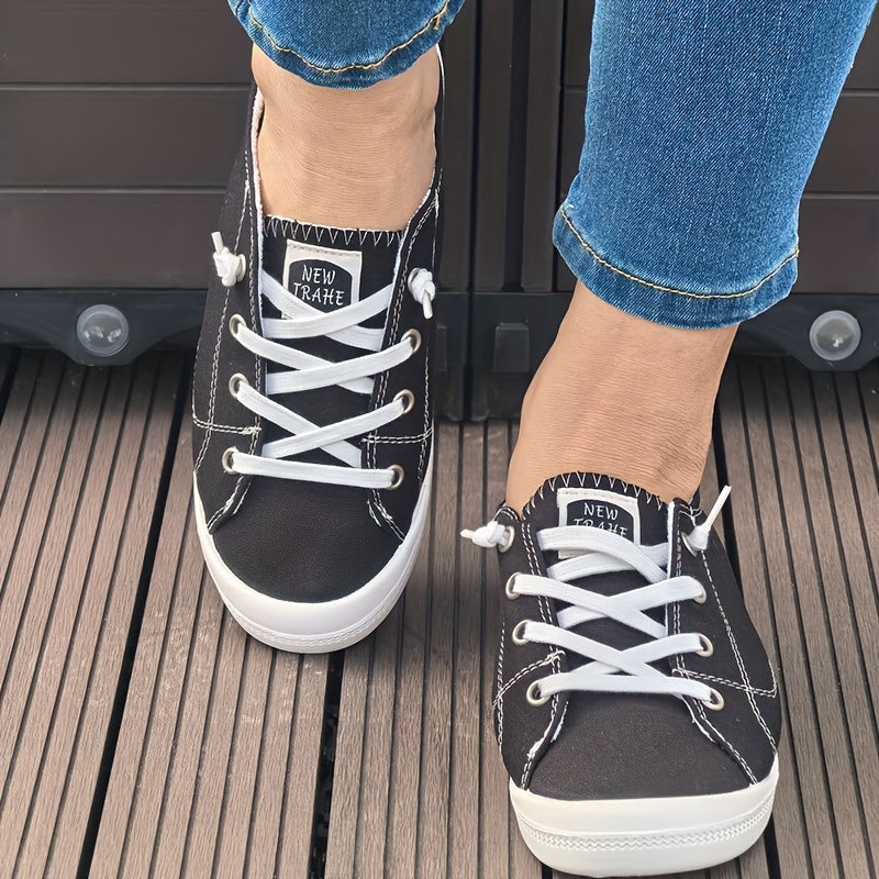 Women's Black Fashion Canvas Shoes, Flat Comfortable Breathable Light Round-headed Lace Casual Large Women's Shoes Cloth Shoes