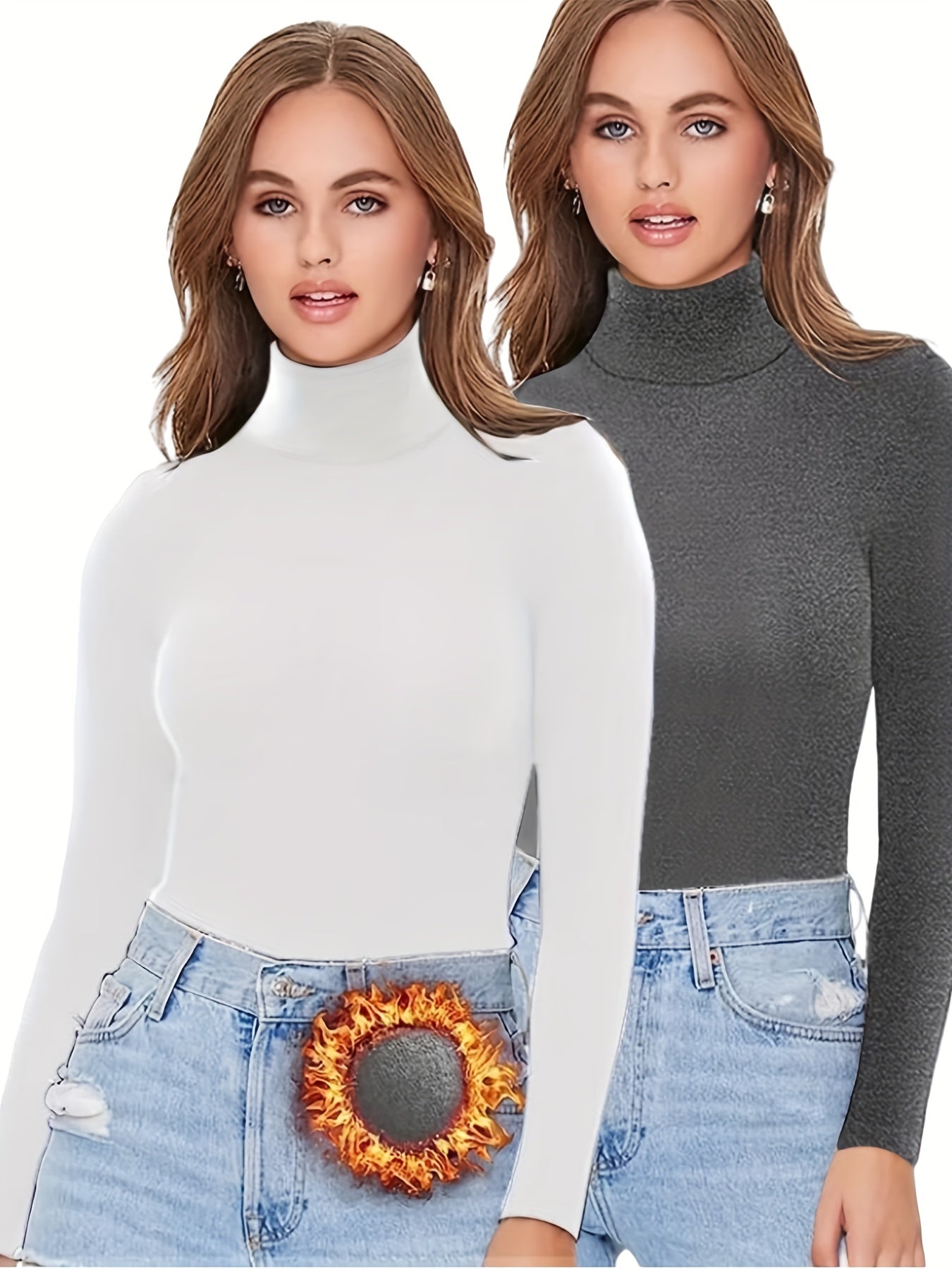 2-Pack Women'S Warm High Neck Turtleneck Long Sleeve Shirts, Casual Solid Color Knit Fabric Tops, Polyester 90% Spandex 10%, Regular Length for Fall/Winter