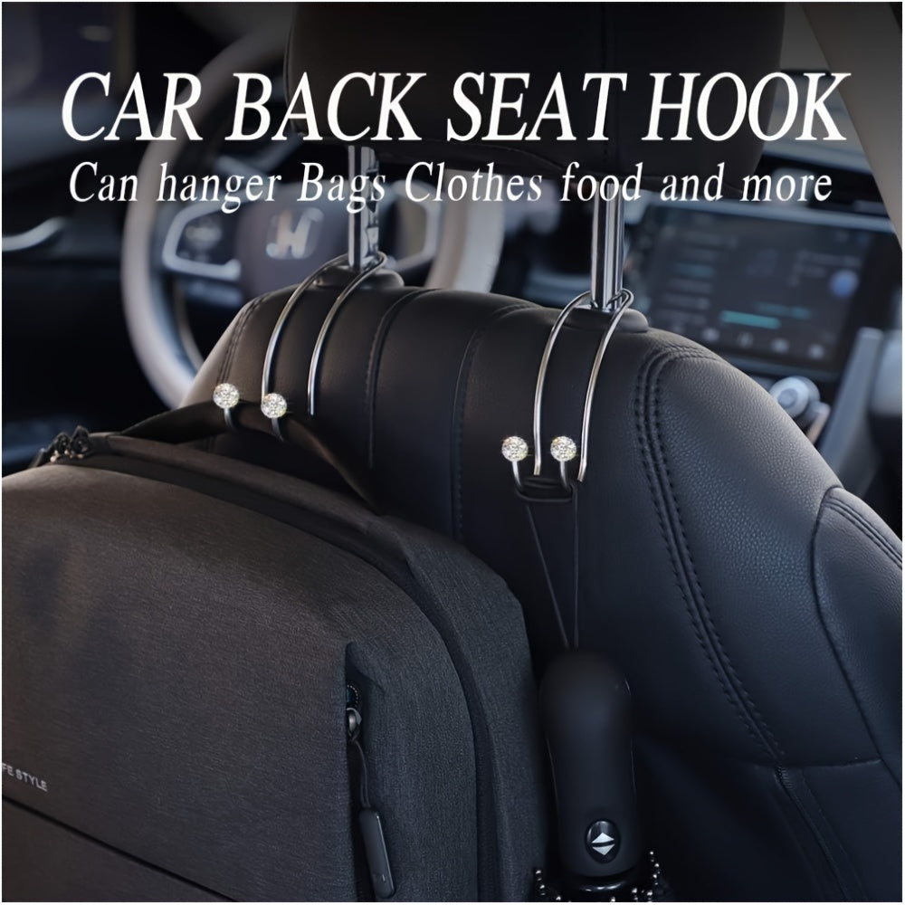 Fashion Car Headrest Hooks with Crystal Decoration - 2 Pack, Durable Metal Auto Backseat Hanger, Easy Installation, Wall Mount Option, Polished Finish, Multifunctional for Handbags, Clothes & Accessories
