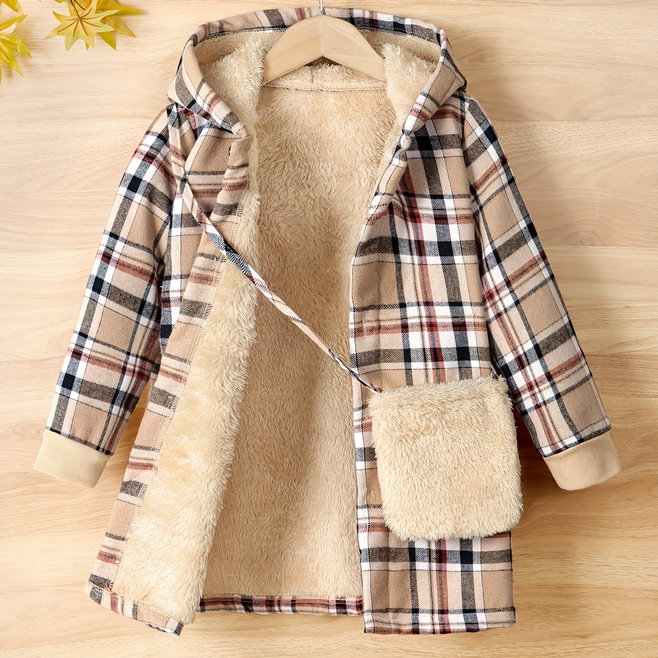 Thick Plush Liner Girls Winter Jacket & Bag, Warm Button Up Long Cardigan Hooded Coats For Autumn And Winter