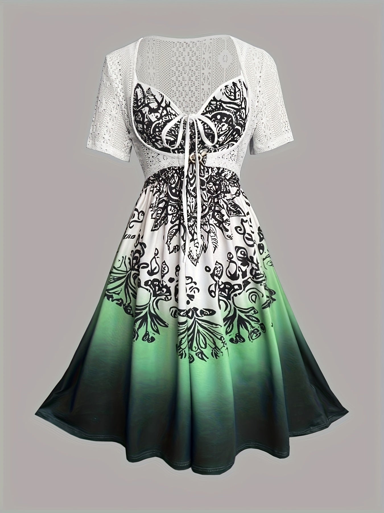 Vacation Ethnic Positioning Print Strap Skirt with Crochet Hollow Lace Short Outerwear Dress Two-Piece Set, Totem Print Vacation Two-Piece Dress Set, Spring and Summer Wearable Dress Two-Piece Set