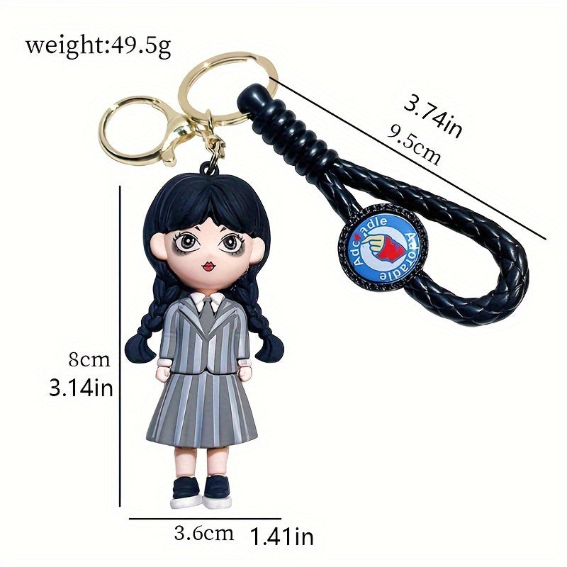 Wednesday Addams-Inspired Keychain, Doll Figure Accessory, Black With Polka Dots, Durable PVC Material, Perfect For Handbags And Party