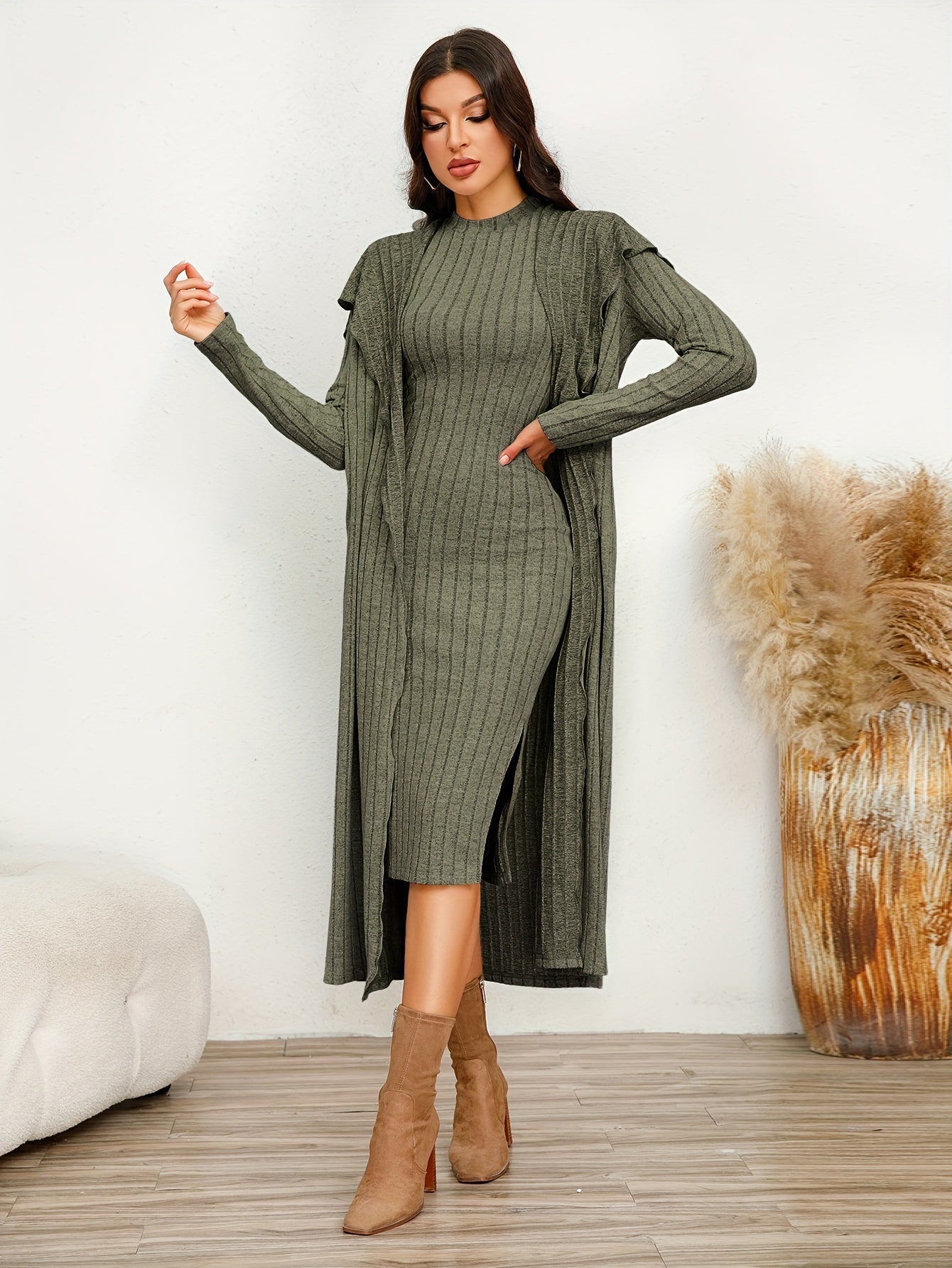 Chic Ribbed Two-piece Dress Set - Solid Color Sleeveless Tank & Ruffle-Trim Long Sleeve Cardigan - Womens Casual to Dressy Outfit