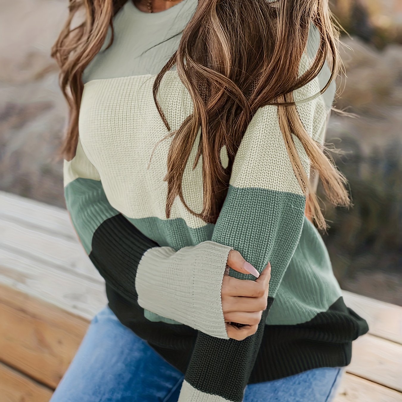 Striped Pattern Knitwear Tops, Crew Neck Long Sleeve Pullover Sweaters, Color Block Shirts, Women's Clothing