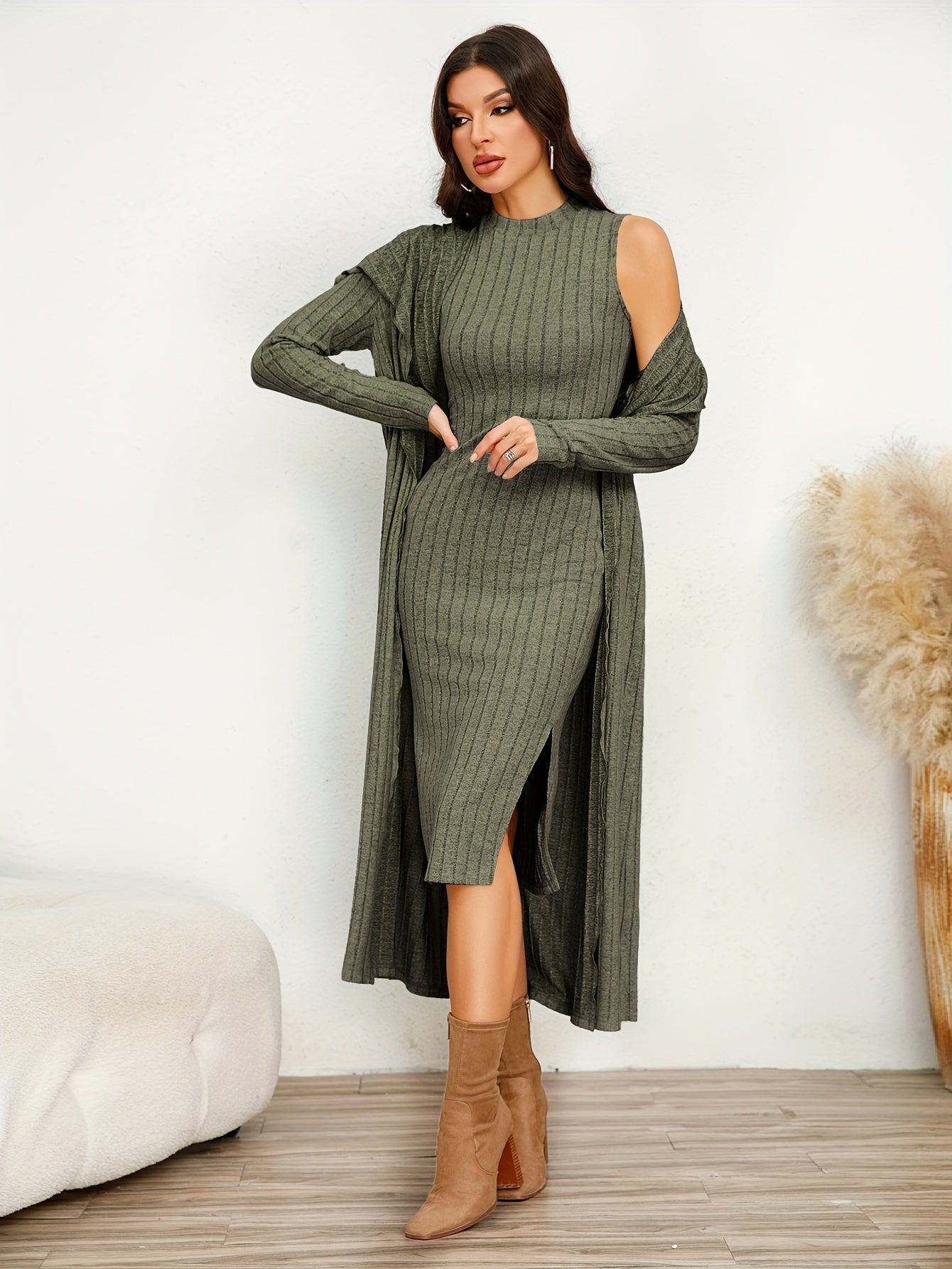 Chic Ribbed Two-piece Dress Set - Solid Color Sleeveless Tank & Ruffle-Trim Long Sleeve Cardigan - Womens Casual to Dressy Outfit