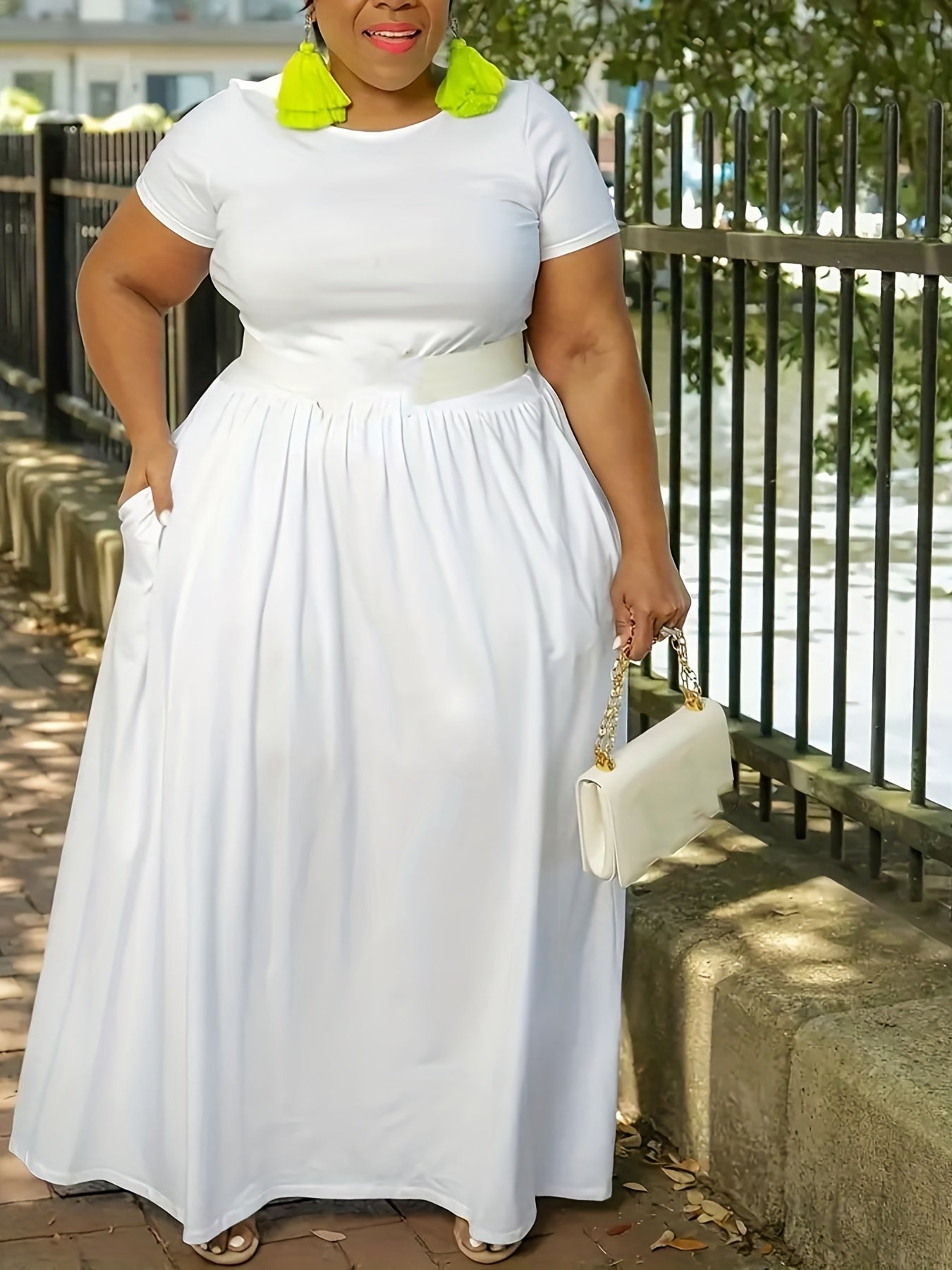 Plus Size Solid Short Sleeve Maxi Dress, Women's Plus Medium Stretch Elegant Long Dress