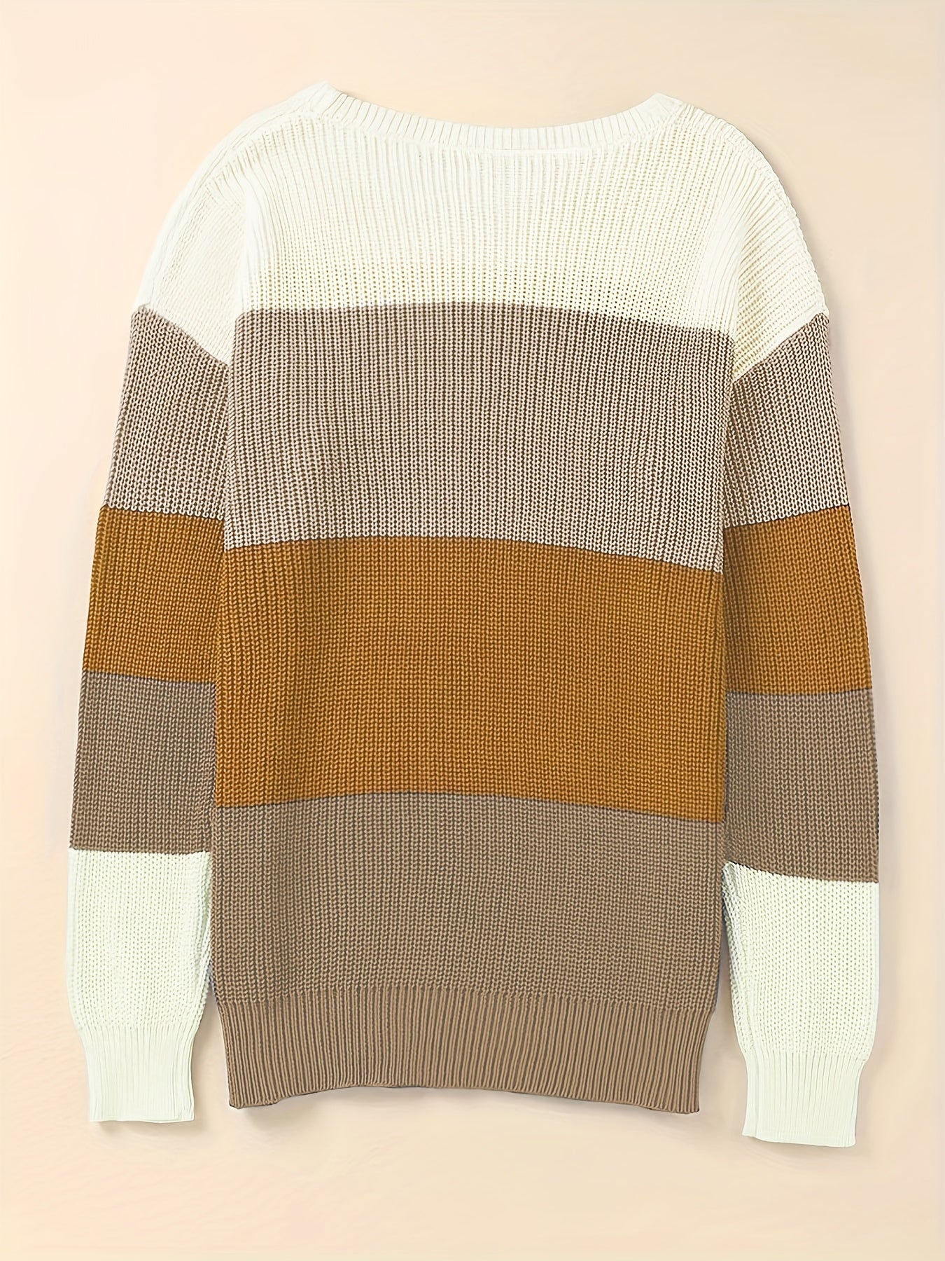 Striped Pattern Knitwear Tops, Crew Neck Long Sleeve Pullover Sweaters, Color Block Shirts, Women's Clothing