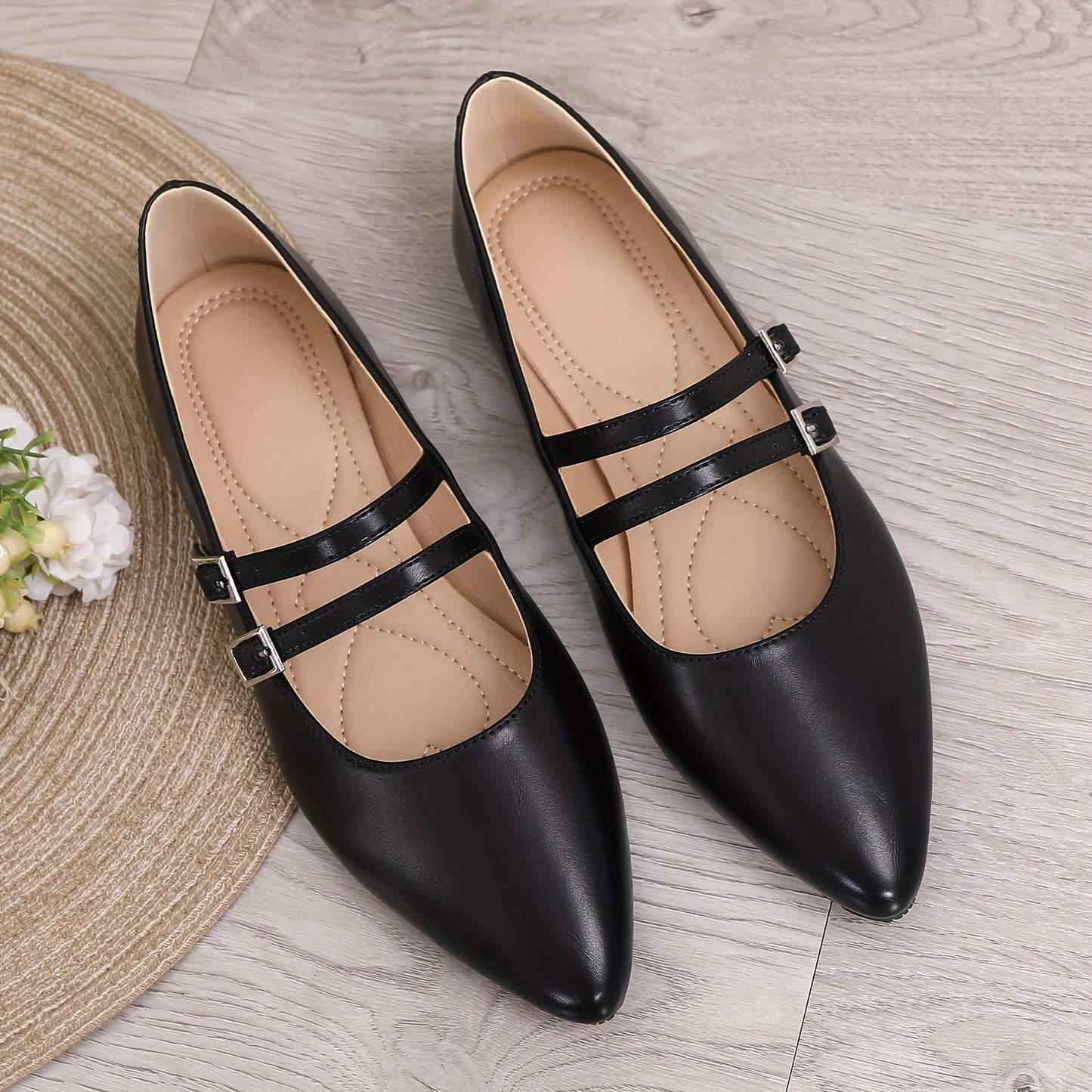 Pointed Red Single Shoes for Women Mary Jane Flat Versatile Retro Soft Cover with One-Word Buckle and Airy Choker Light Mouth Golden French Women's Shoes