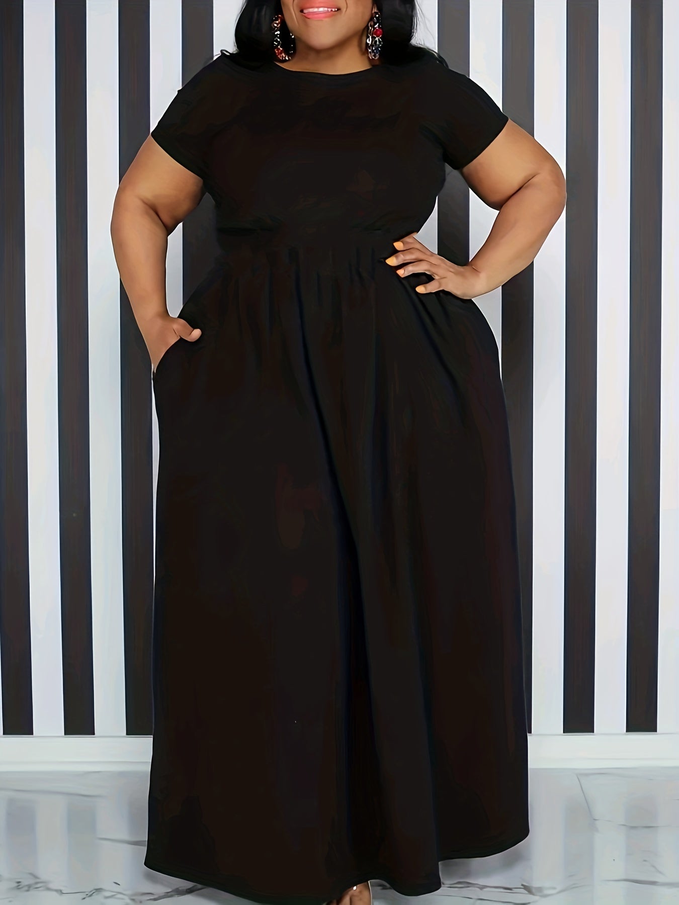 Plus Size Solid Short Sleeve Maxi Dress, Women's Plus Medium Stretch Elegant Long Dress