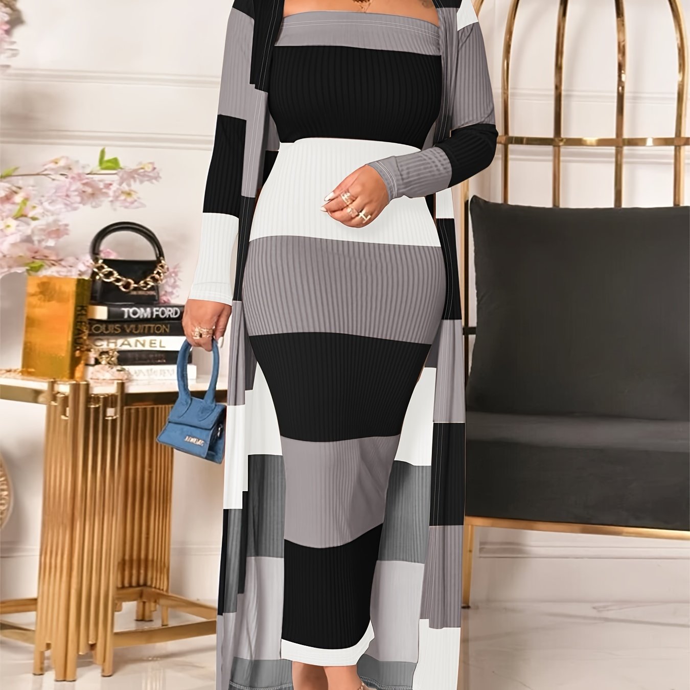 Stripe Print Two-piece Dress Set, Sleeveless Tube Dress & Open Front Long Sleeve Cardigan Outfits, Women's Clothing
