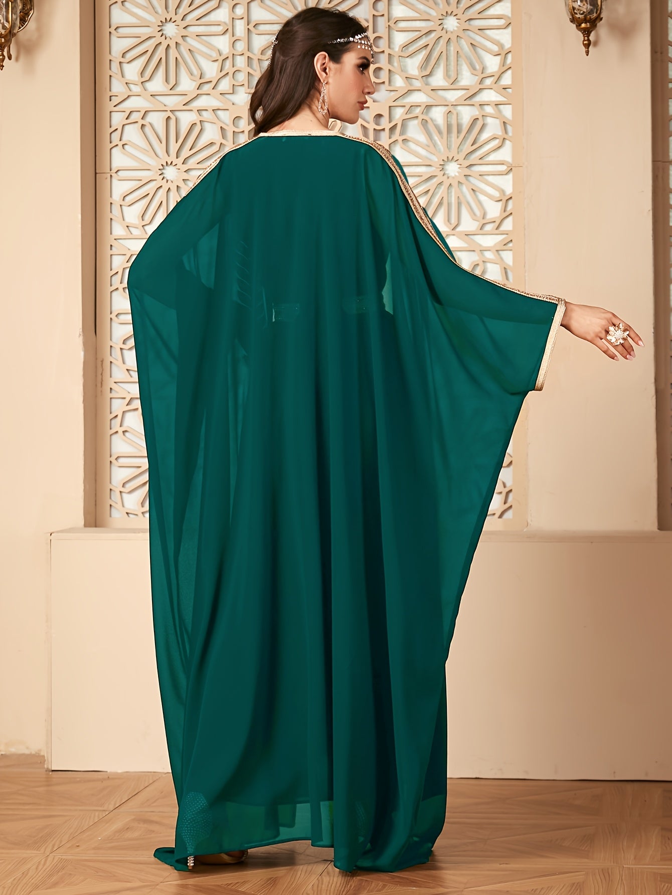 【Targeted】Middle East New Arrival Vest Dress + Open Cardigan Sequin Paneled Webbing Batwing Sleeve Long Robe Two-Piece Dress Set