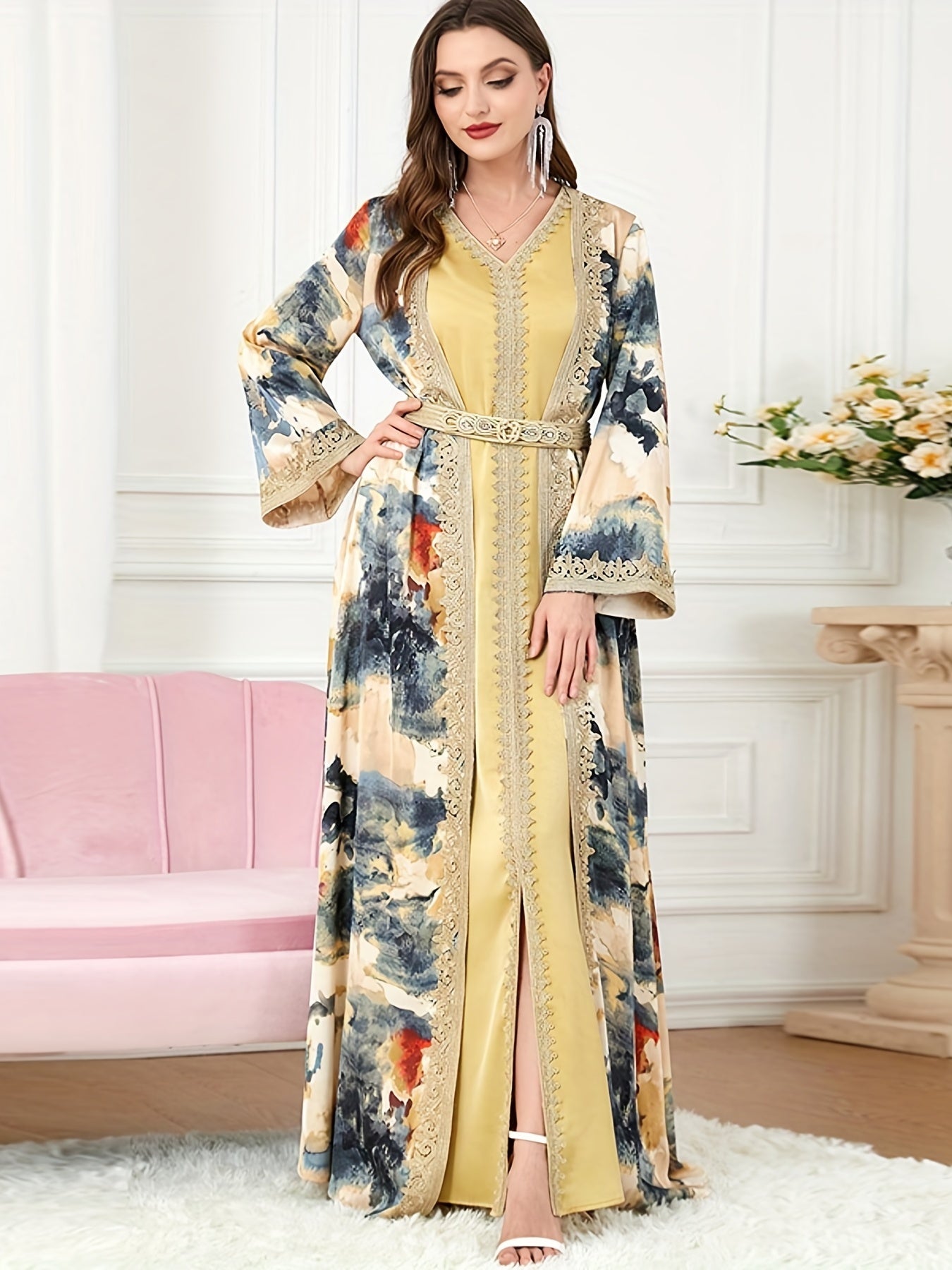 Turkish Kafan Women's Two-Piece Dress Set with V-Neck Satin Painting Kimono for Morocco Dubai Eid Fashion Dress to Show Slimming Temperament for Malaysia Indonesia Pakistan Party Long Robe