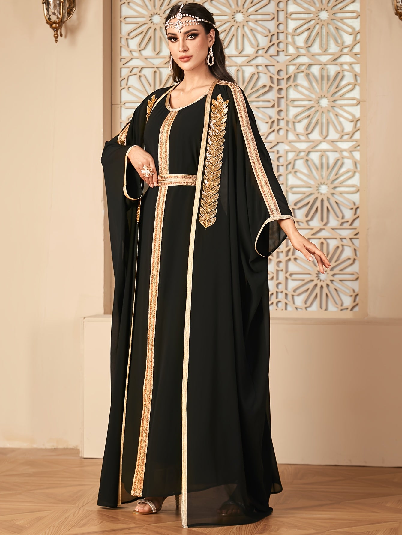 【Targeted】Middle East New Arrival Vest Dress + Open Cardigan Sequin Paneled Webbing Batwing Sleeve Long Robe Two-Piece Dress Set