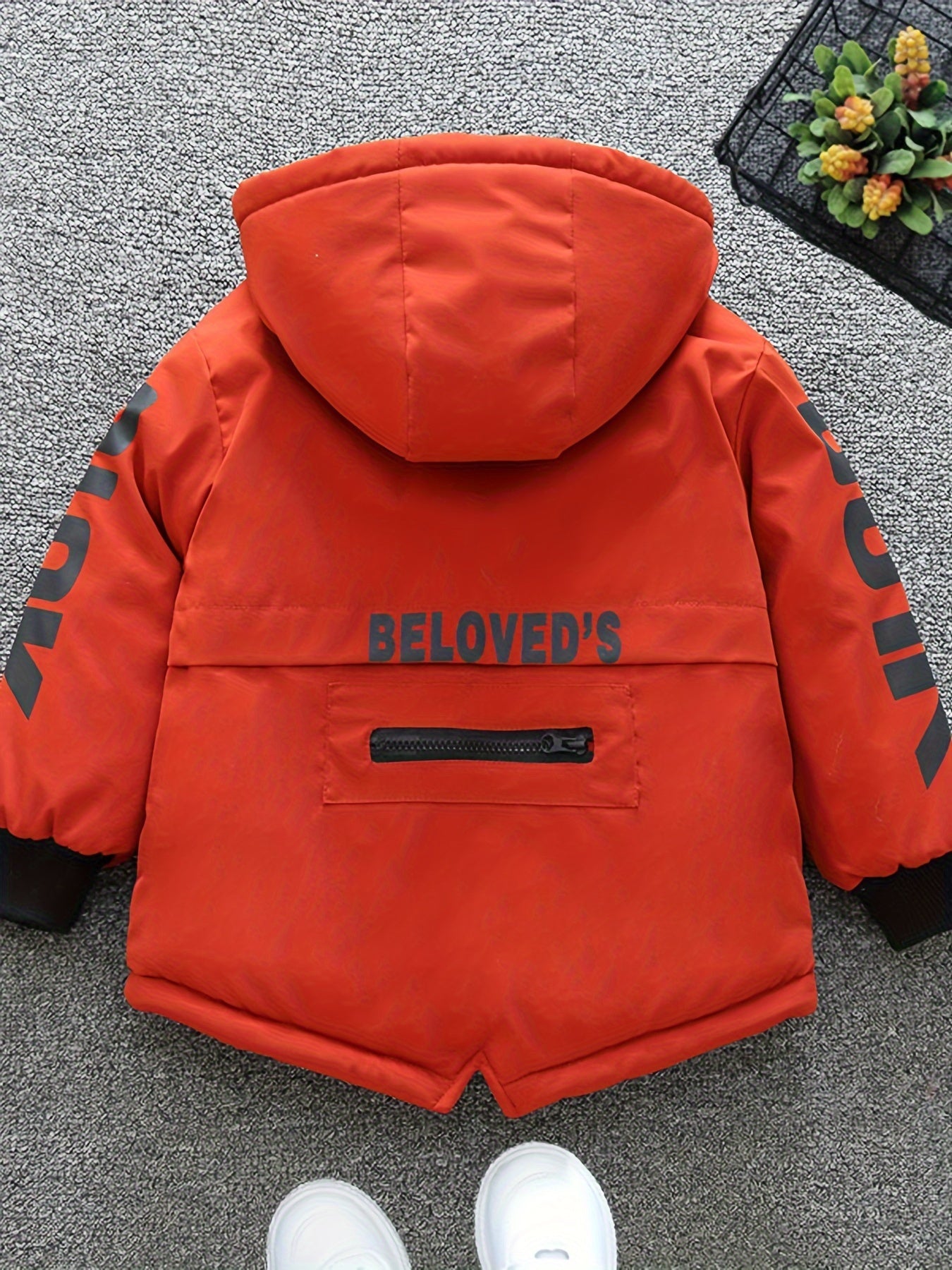 Boys' Cozy Fleece-Lined Hooded Parka Jacket - Warm Winter Outerwear with "Beloved's" Graphic, Orange Casual Style, Zip-Up Front, Long Sleeves, Loose Fit for Fall/Winter, Winter Jacket