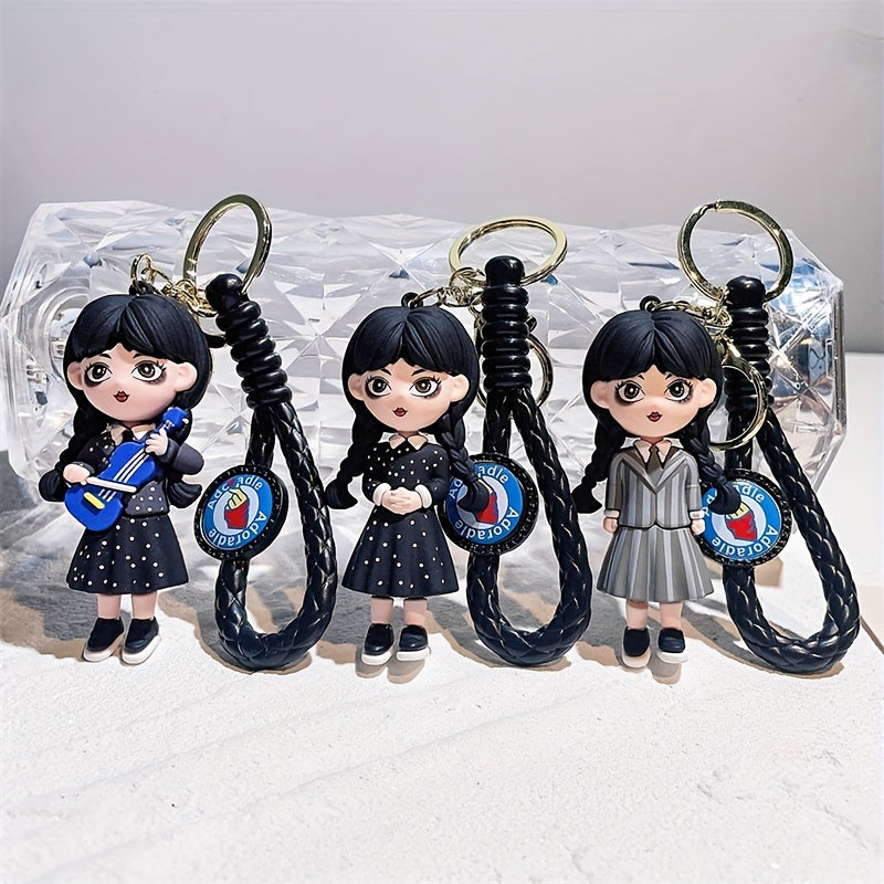 Wednesday Addams-Inspired Keychain, Doll Figure Accessory, Black With Polka Dots, Durable PVC Material, Perfect For Handbags And Party