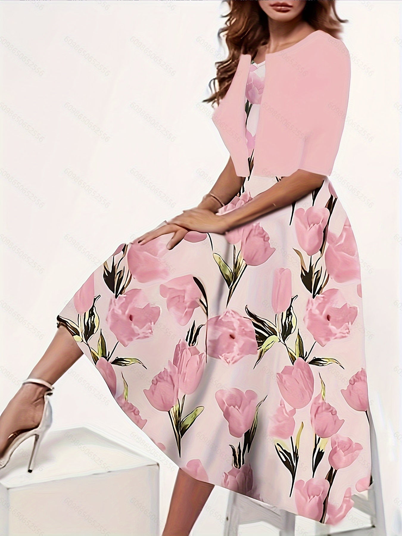 Plus Size Floral Print Two-piece Dress Set, V Neck Sleeveless Dress & Half Sleeve Open Front Top Outfits, Women's Plus Size Clothing