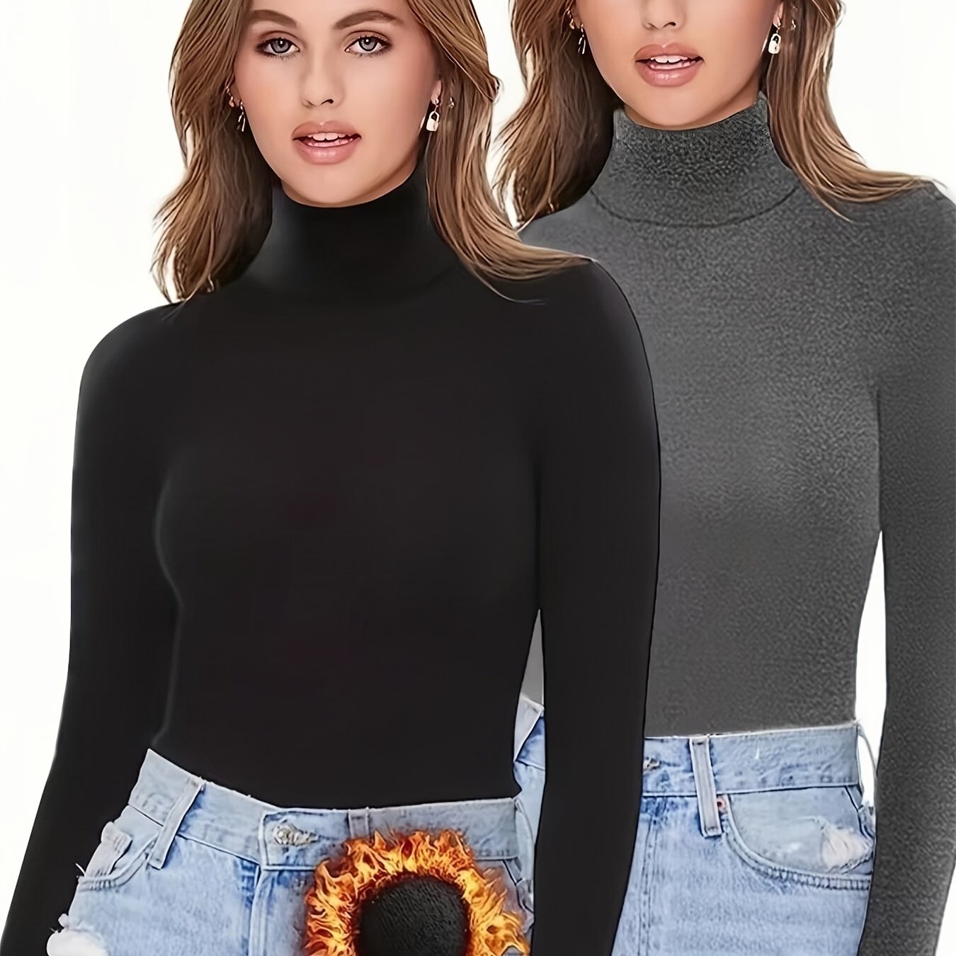 2-Pack Women'S Warm High Neck Turtleneck Long Sleeve Shirts, Casual Solid Color Knit Fabric Tops, Polyester 90% Spandex 10%, Regular Length for Fall/Winter